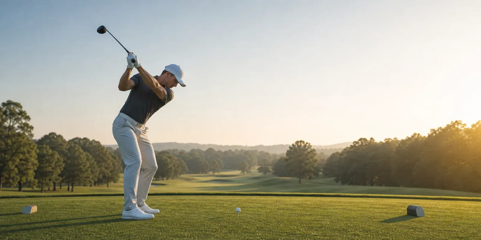 Golfschwung mit weitem Blick über den Platz