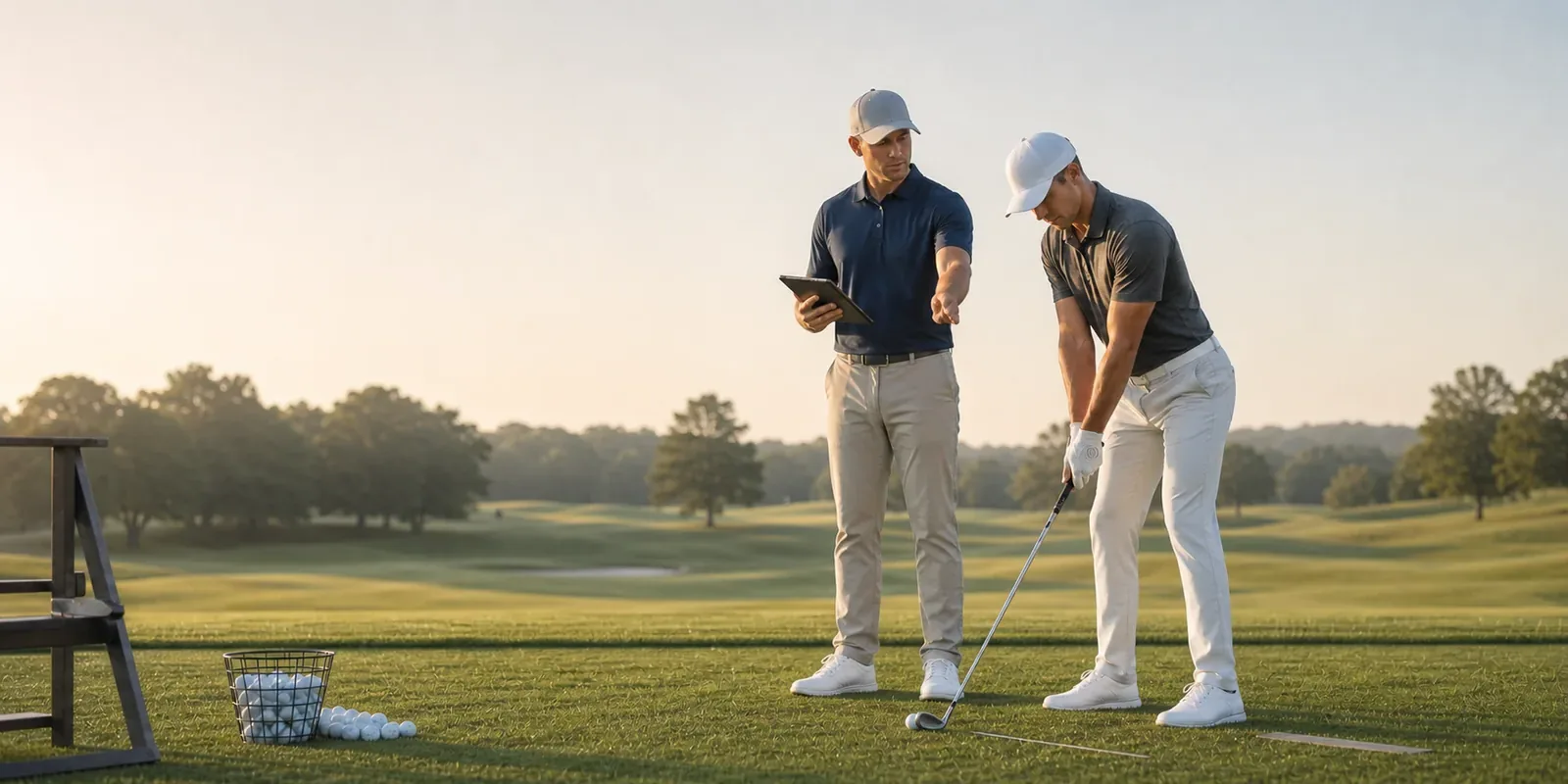 Golftrainer bespricht mit einem Spieler den Schwung anhand eines Tablets