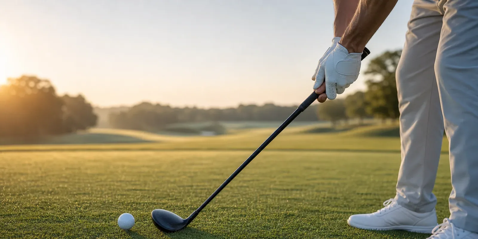 Golfer beim Ansprechen des Balls am Abschlag im Morgenlicht
