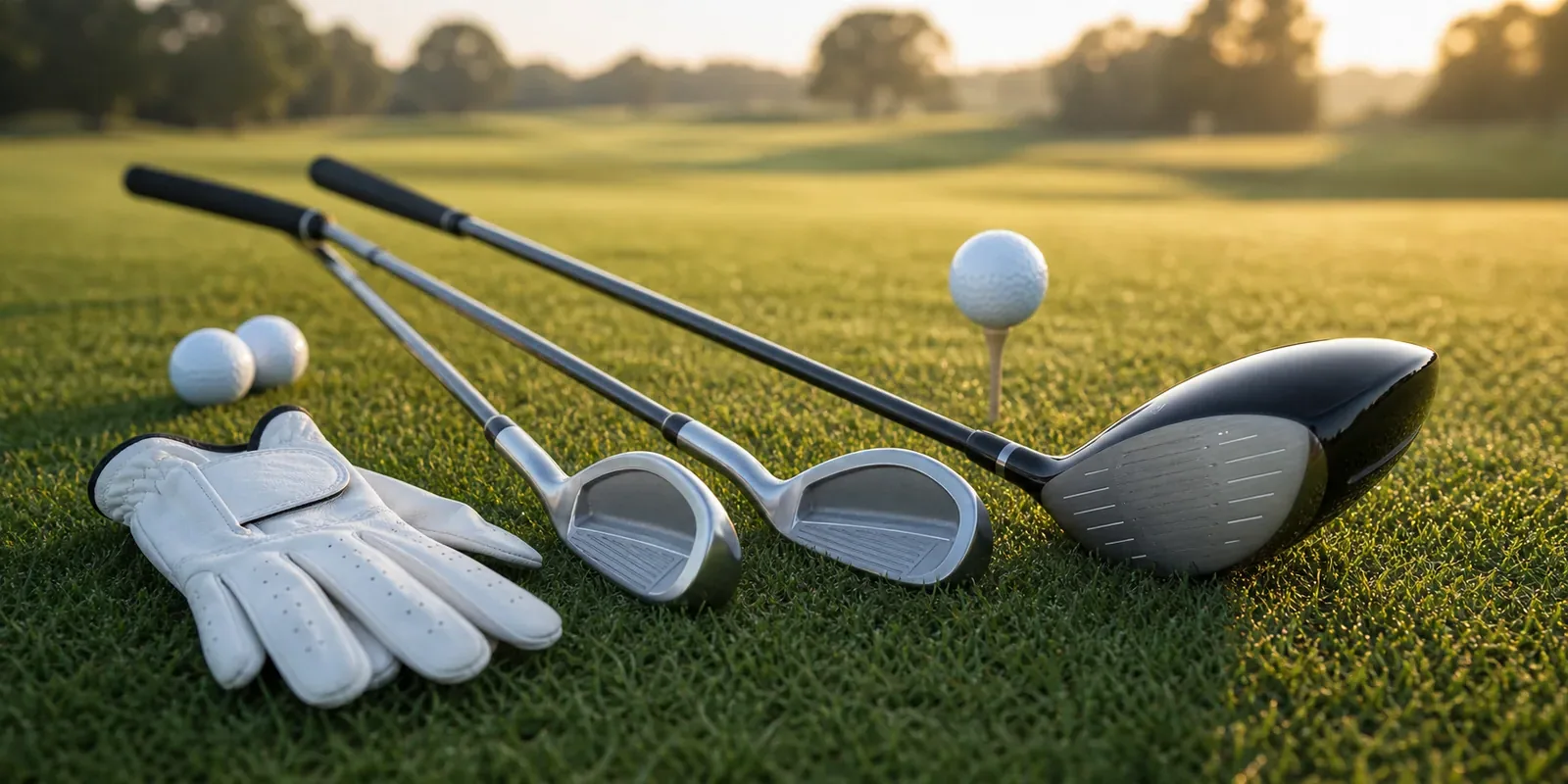 Golfschläger, Bälle und Handschuh auf dem Rasen