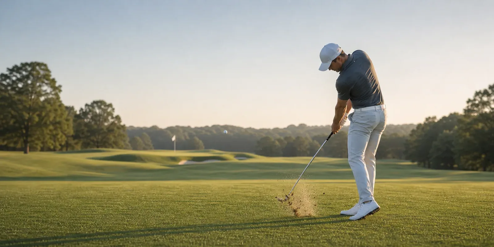 Fairway-Schlag mit aufspritzendem Rasen Richtung Fahne