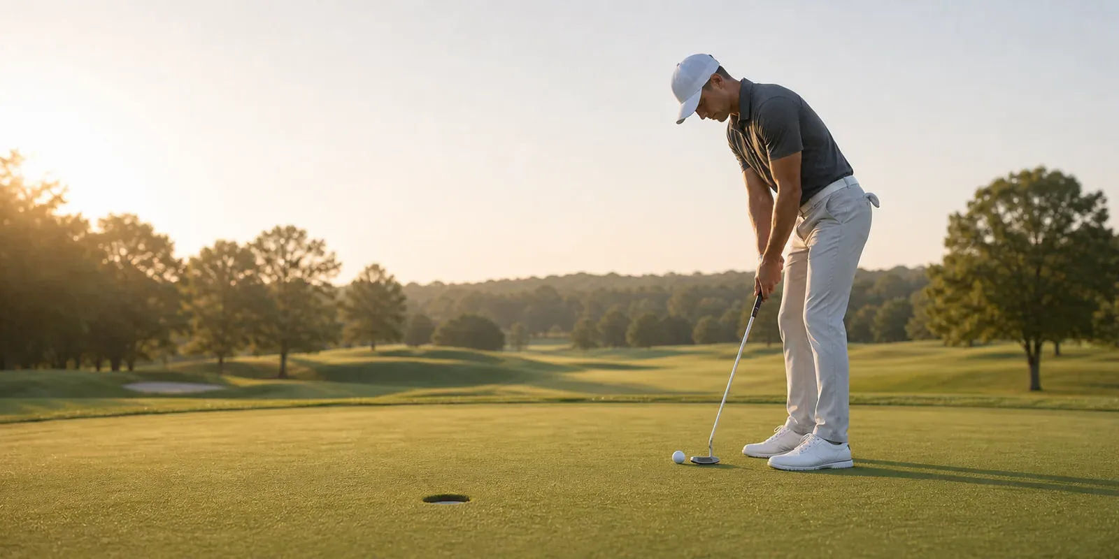 Golfer beim Putten am Grün im Morgenlicht